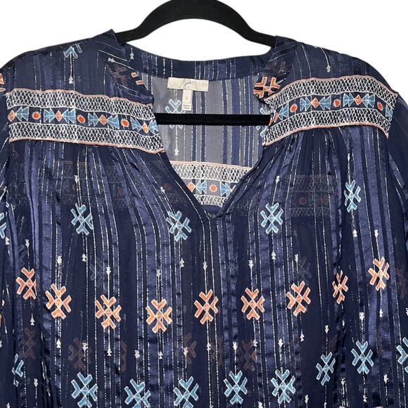 Joie Sendoa Metallic Silk Geometric Print Long Sleeve Blouse Navy Blue Size S - Picture 4 of 6